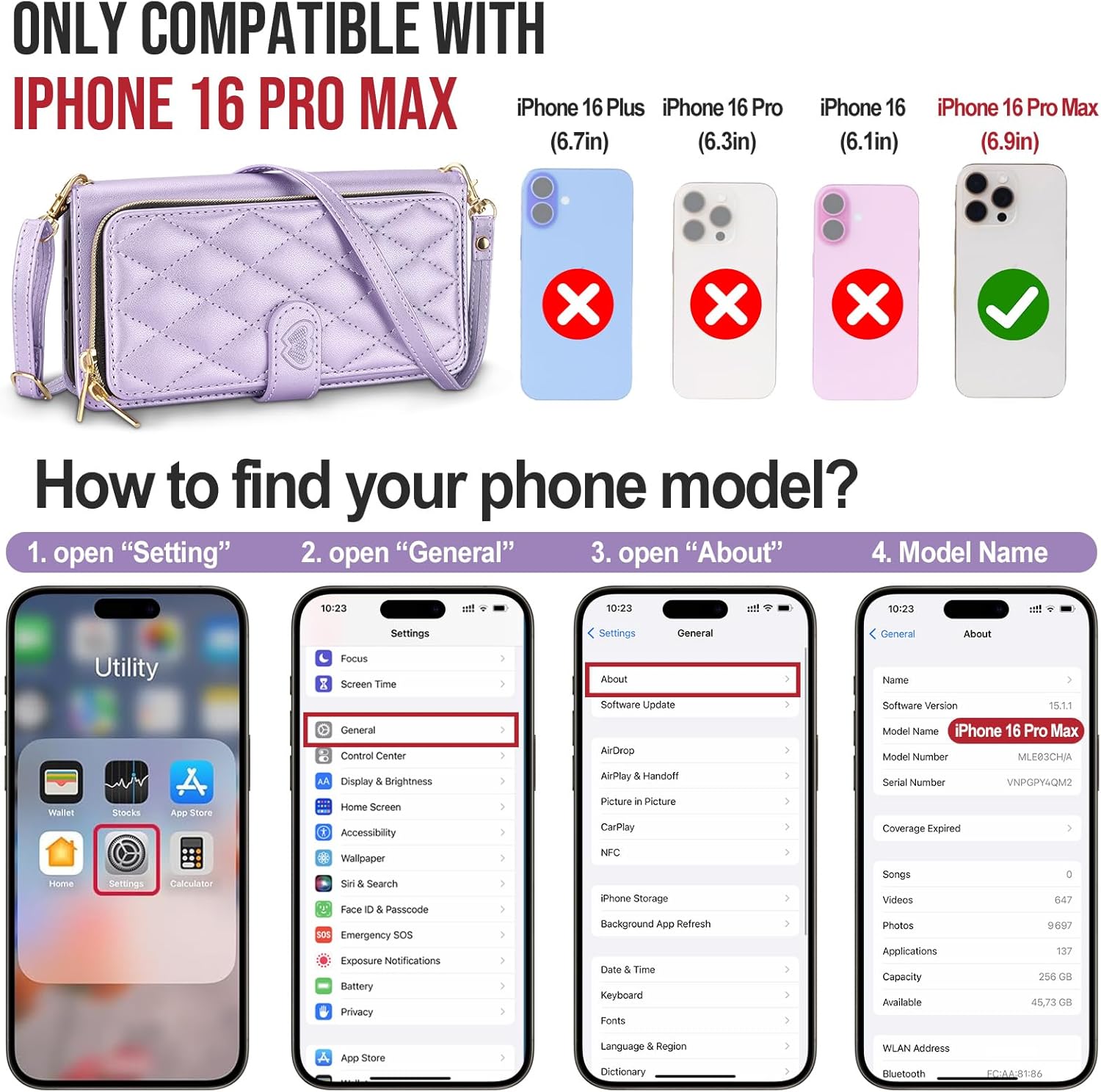 for iPhone16 PRO MAX Wallet Case with Crossbody and Wrist Strap for Women Girls,Fashion PU Leather RFID Blocking Kickstand Flip Folio Phone Cover with Card Holder and Zipper Light Purple