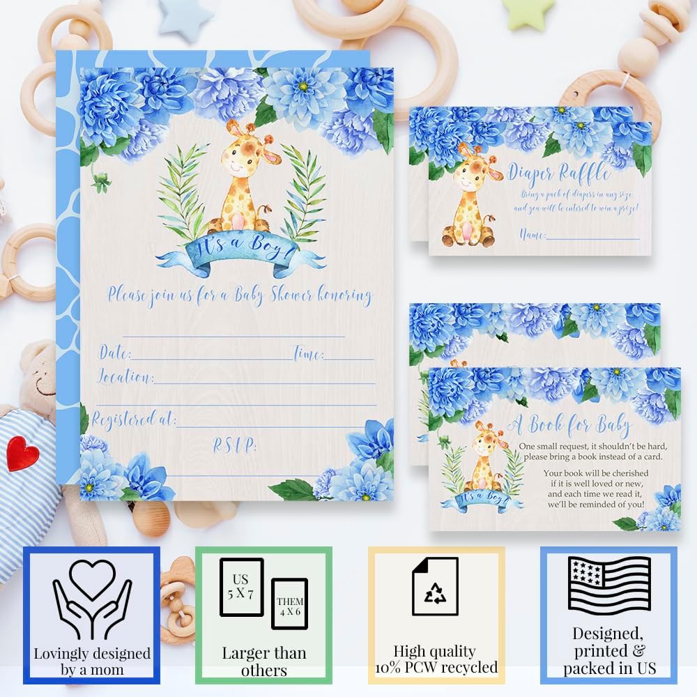 Amanda Creation Baby Shower Invites for Boys – Dahlia Floral Giraffe Baby Shower Invitation Bundle with Diaper Raffle Tickets, Book Request Cards & Envelopes. Set of 20 5X7 Blue Invitation Kit Sets
