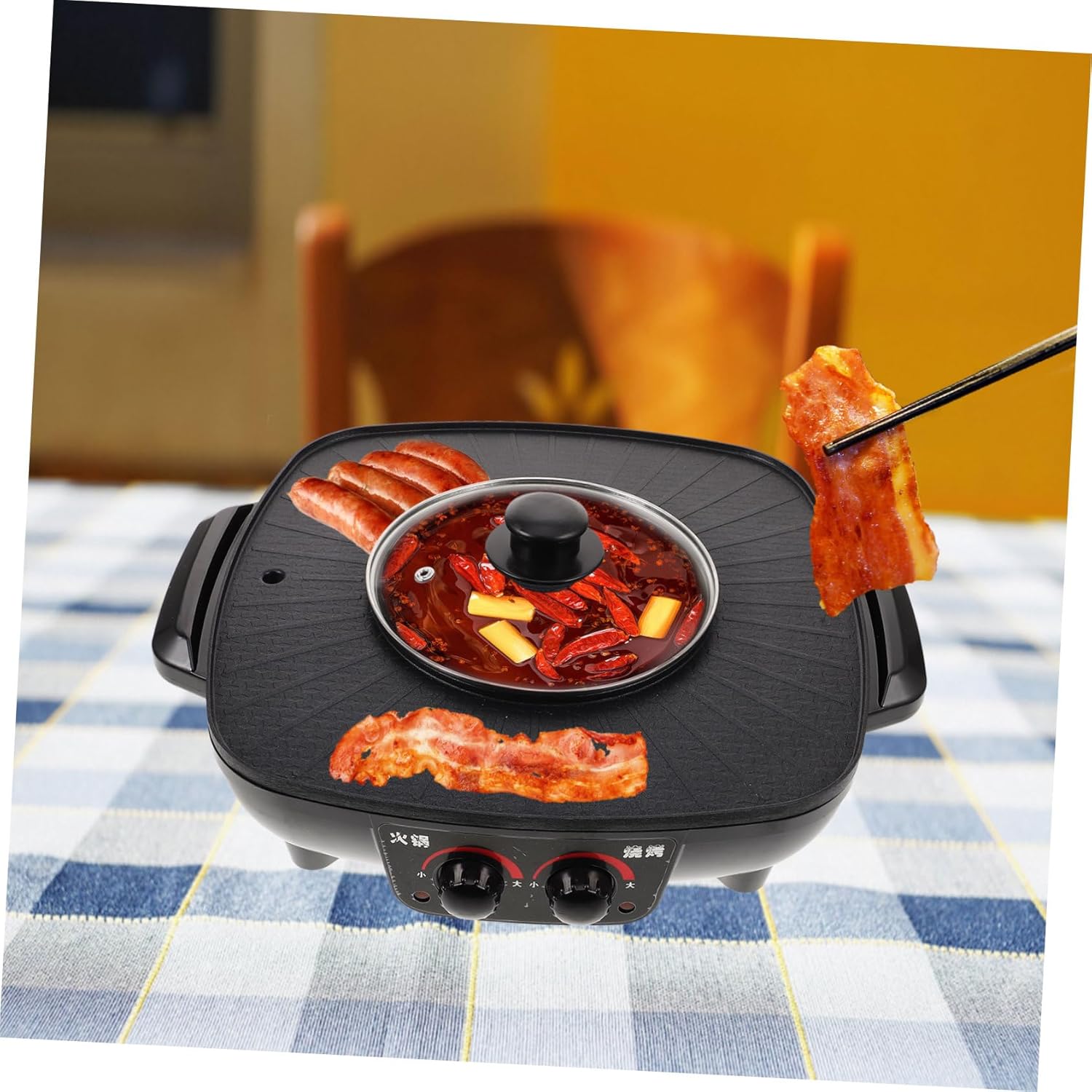 Indoor Electric Grill Bbq Pot Multi-function Hot Pot Cookware Smokeless Non-stick Surface Triangle Plug Electric Barbecue Grill for Family Restaurant