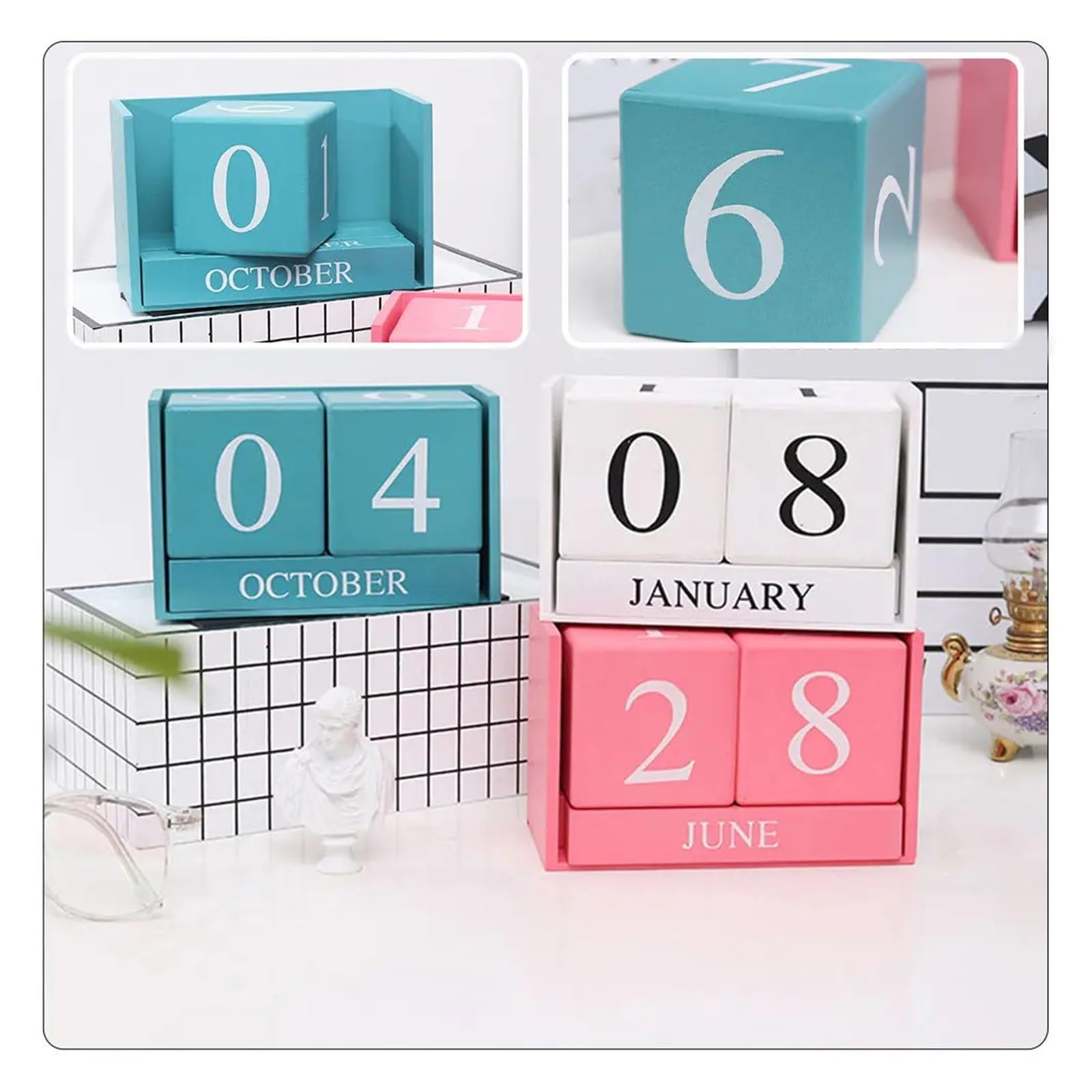 Tisch Dauerkalender aus Holz Schreibtisch-Kalenderblock-Set aus Holz, drehbare 12-Monats-Datumsanzeige for Büro, Schreibtisch, Heimdekoration, Wohnzimmer, Lehrer für Home Büro Dekoration