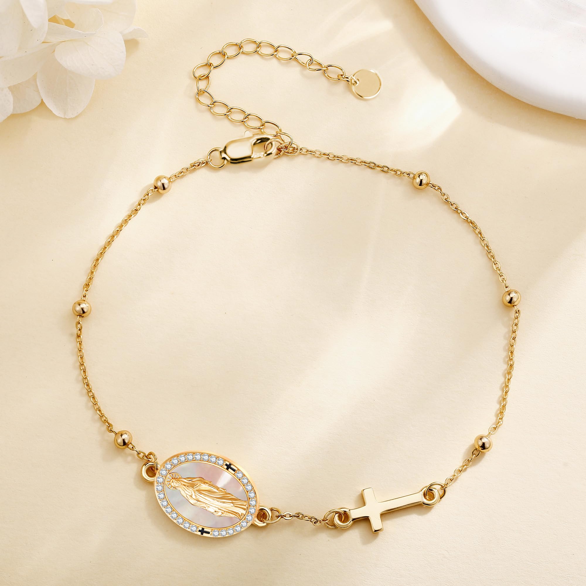 DAYLINLOVE Religiöse Armband 925er Sterling Silber Jungfrau Maria Kreuz Rosenkranz Perle Perlmutt Abalone Muschel Armband Virgen De Guadalupe Christliche Katholische Schmuck Geschenk für Damen Mädchen