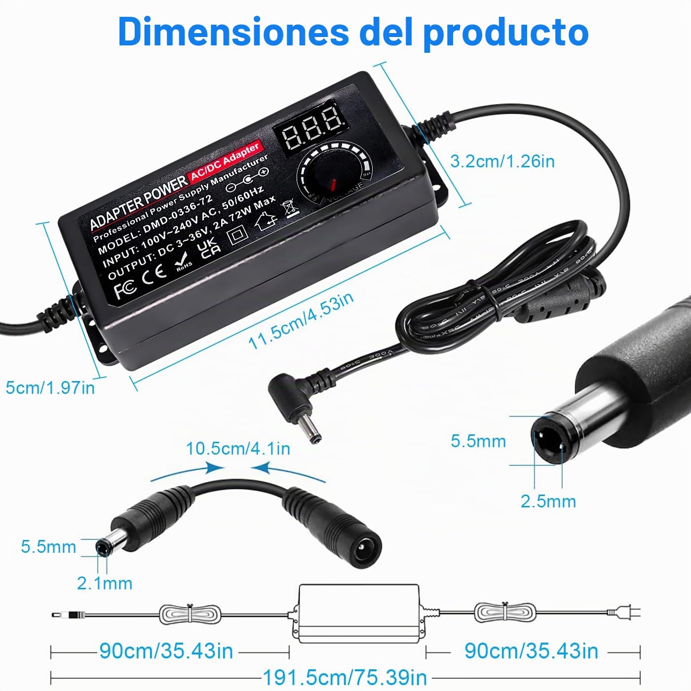 Adaptador de Corriente Universal 2A 72W, 3V-36V Fuente de alimentación Universal 100V-240V AC a DC Adaptador Universal con 14 Conectores y Cable de Polaridad Inversa para Cámara CCTV Enrutador