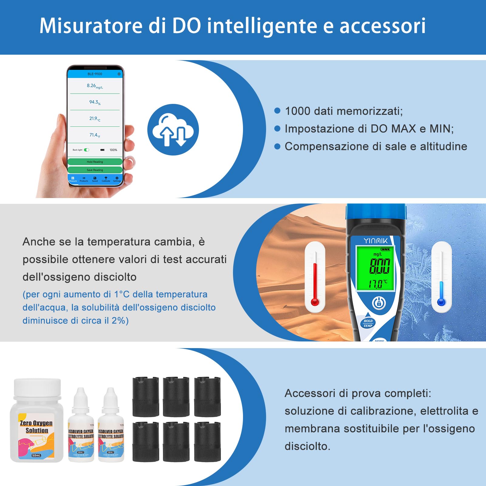 Misuratore di Ossigeno Disciolto Intelligente Misuratore di DO per Acquario Misuratore di Ossigeno Disciolto Digitale con Cavo Sonda DO Da 3m Misuratore di DO Portatile per Acquacoltura