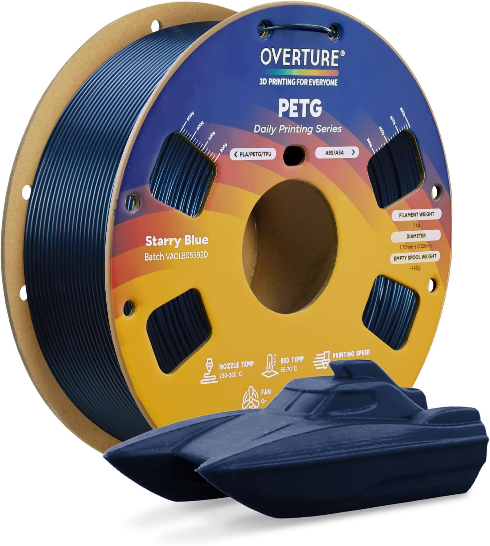 OVERTURE PETG 3D Printer Filament 1.75mm, Neatly Wound Durable PETG 1kg Spool (2.2lbs), Strong Toughness Filament, Dimensional Accuracy +/- 0.02mm, Fit Most FDM Printers (Starry Blue)