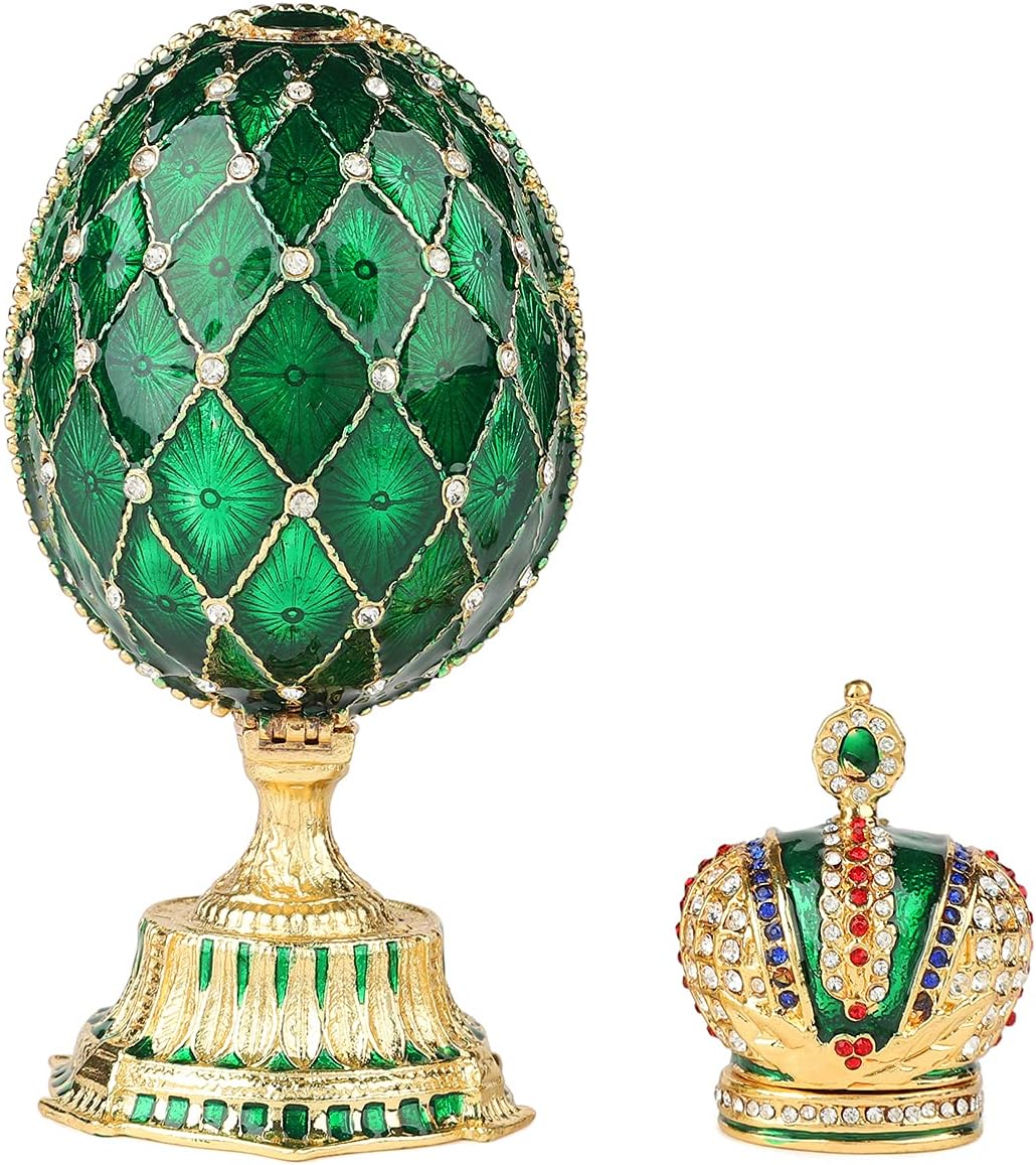 QIFU Vintage Easter Egg Style Green Enameled Trinket Box with Mini Crown Unique Gift for Family