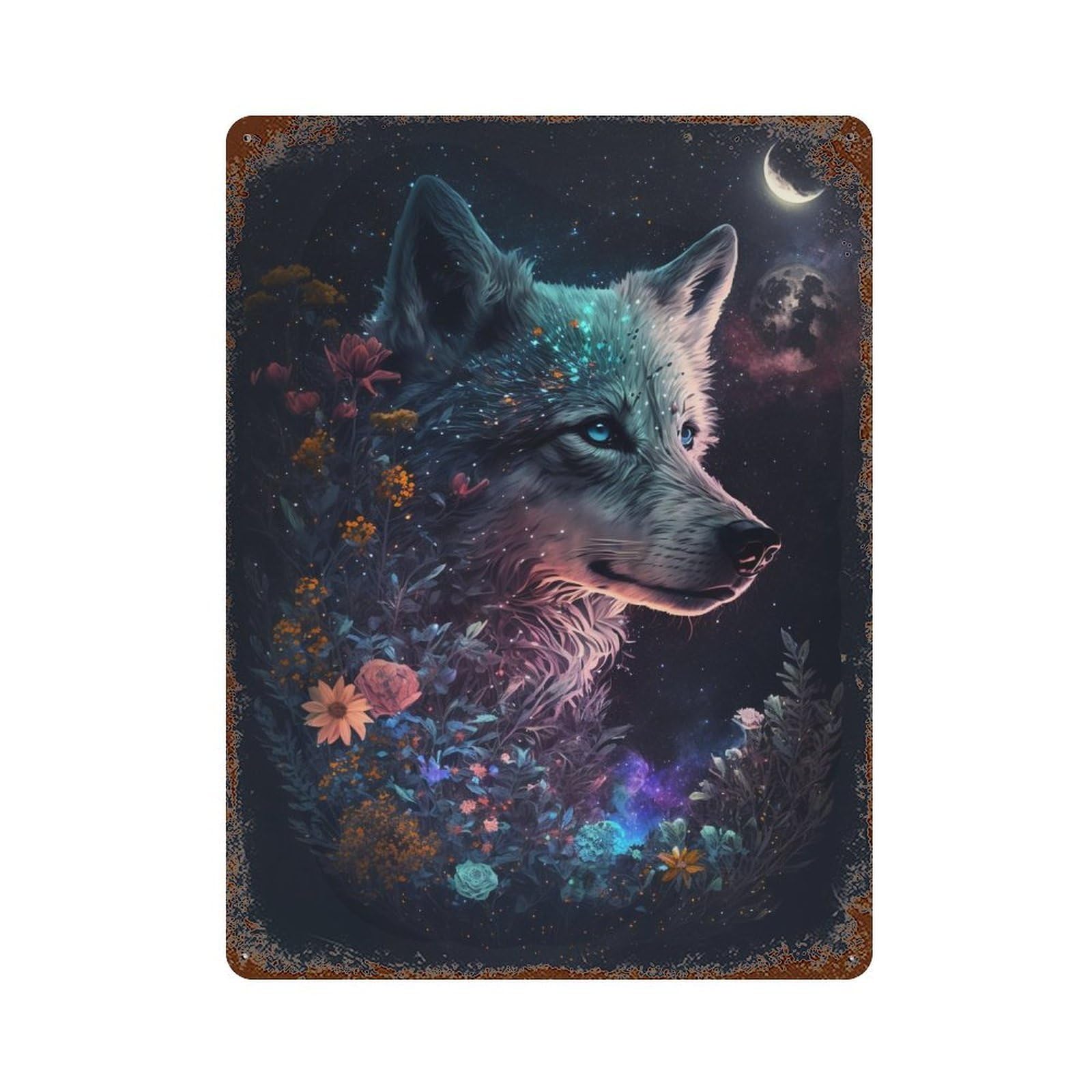 Vintage Rust Metal Sign Magical Wolf with Flowers 15.7"x11.8", Old School Wall Decor for Office, Studio And Wall Decor