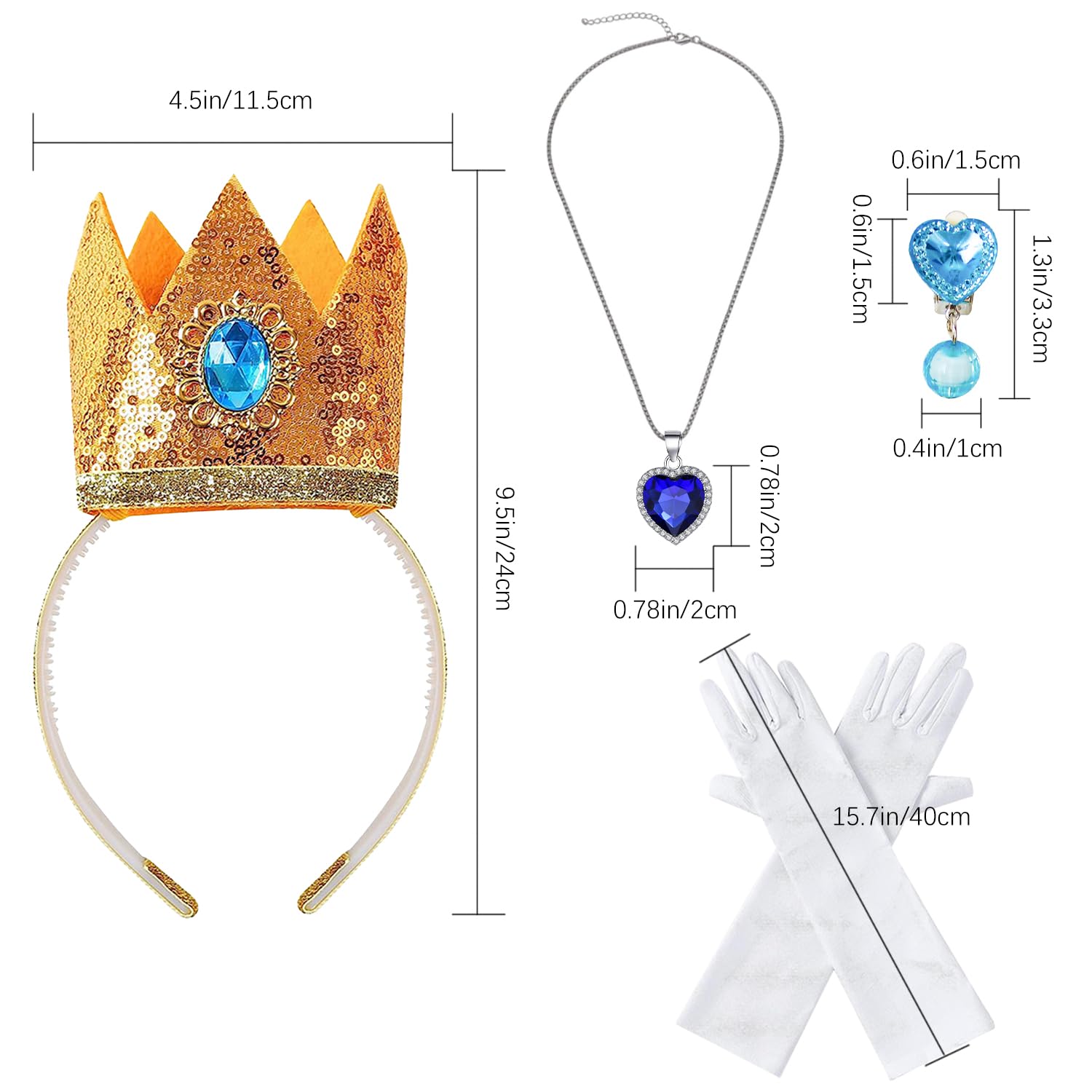 VIEKIER 4 Pcs Princess Peach Crown Costume Accessories Women Girls Crown Earrings Gloves Brooch Necklace for Princess Dress Up Accessories