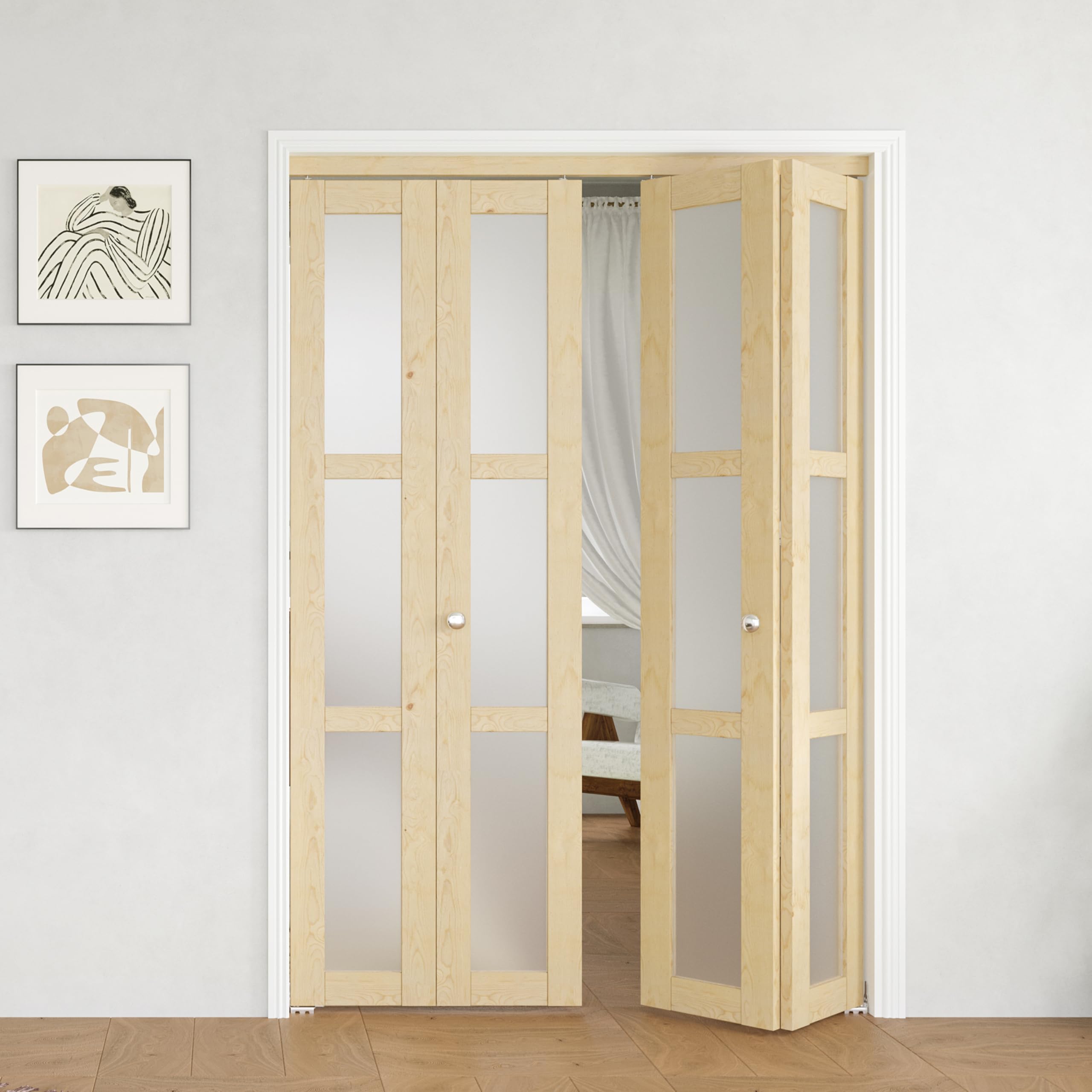 BARNER HOME Bifold Door, for 48"x 80" Opening, 3-lite Tempered Frosted Glass Panel with Hardware Kits, Pine Wood Natural Multifold Interior Folding Doors