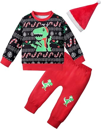 MIGU Toddler Boy Christmas Outfit Long Sleeve Sweater Pants Casual Clothes Baby Boy Christmas Hat 3pcs Gift Sets