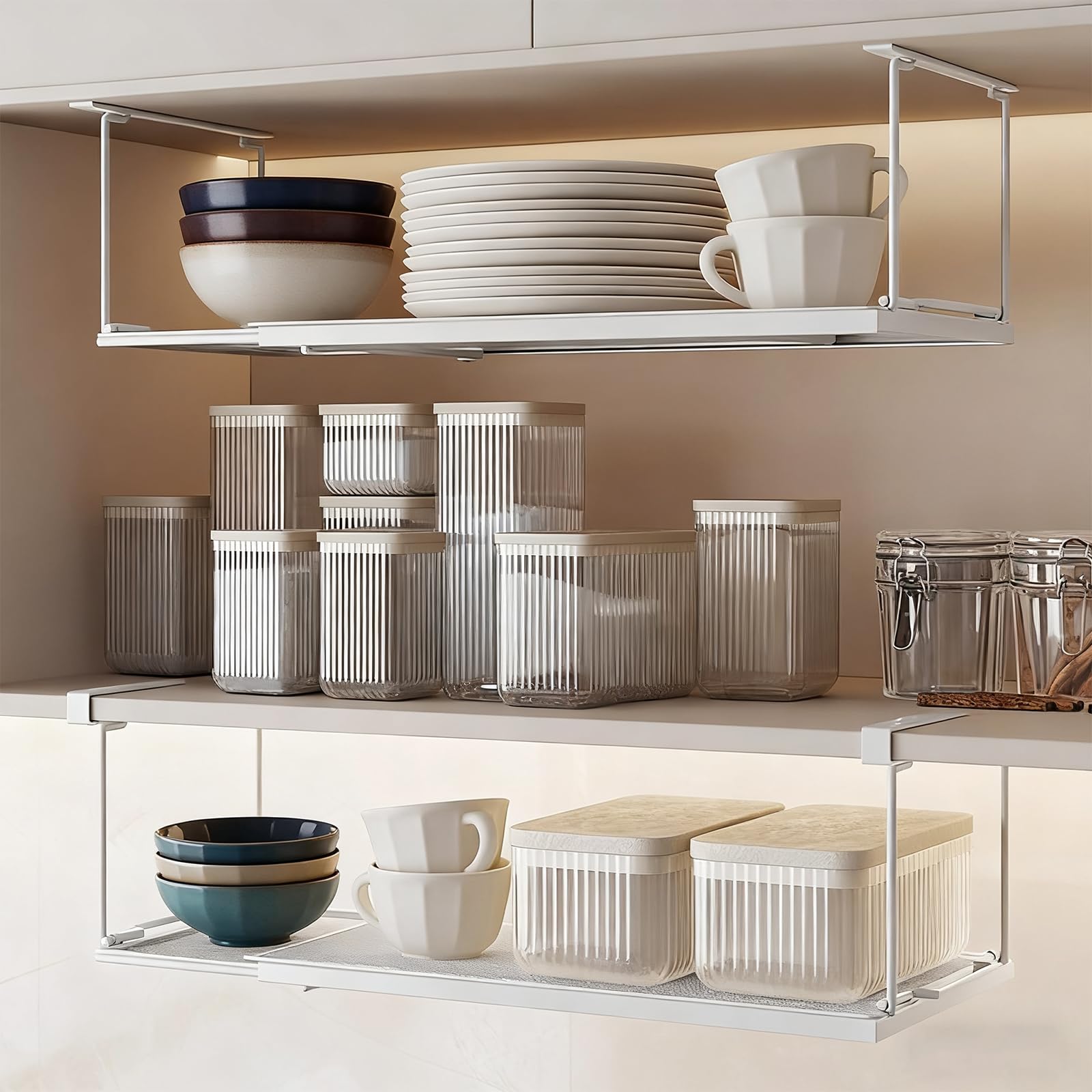 Cestello Sottoripiano Estensibile | Organizer Cucina Dispensa da Appendere Regolabile | in Rete Metallica | Mensole Cucina, Ufficio, Dispensa | da Appendere sotto la Scrivania (Bianco)