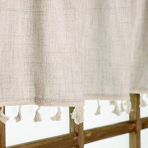 Miniatura 2 de Paquete de 2 cenefas de cocina de lino sintético con borlas para ventanas, cortinas modernas de estilo rústico para baño, decoración bohemia (54 x