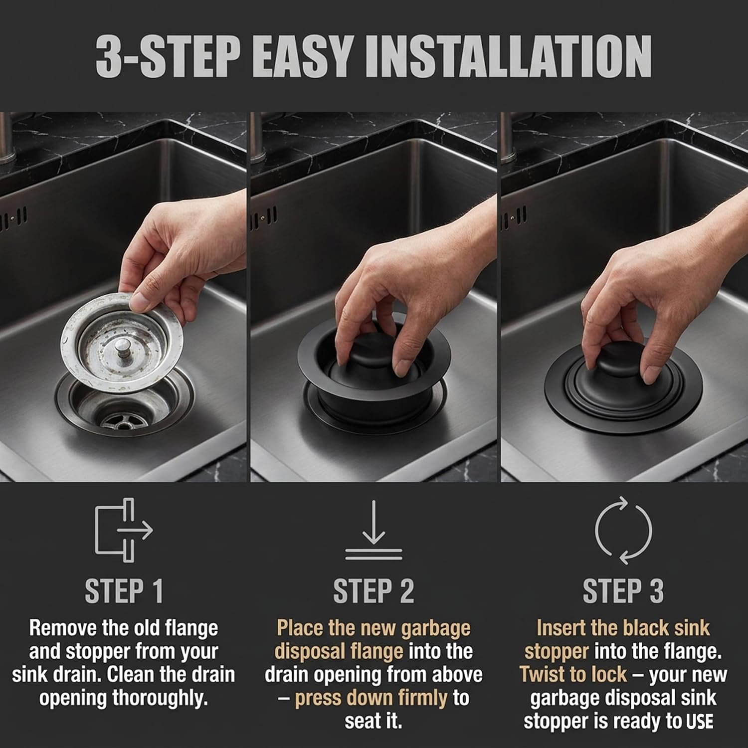 Garbage Disposal Stopper & Flange Kit, Matte Black Sink Stopper 3-1/2"