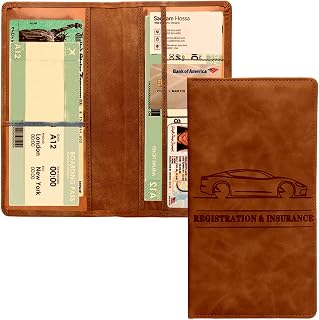 Car Registration and Insurance Holder, Premium Leather Vehicle Glove Box Car Organizer, Universal Car Essential Accessories for Card, Document, License Storage (Brown)