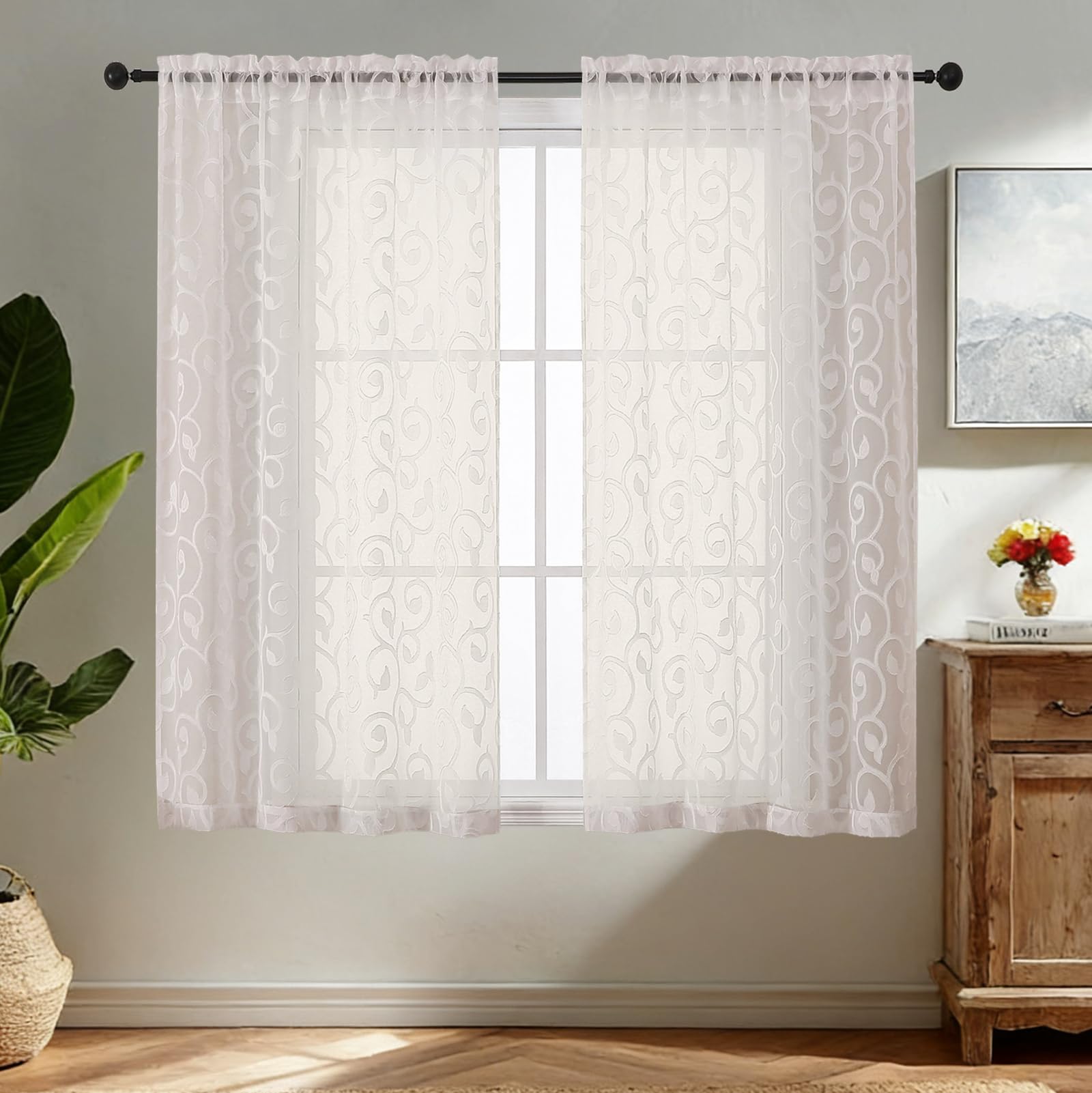 Simplebrand Ivory Sheer Voile Curtains with Embroidered Pattern, 2 Panels 140x137cm, Dual Rod Pocket Light Filtering Bathroom Window Curtains