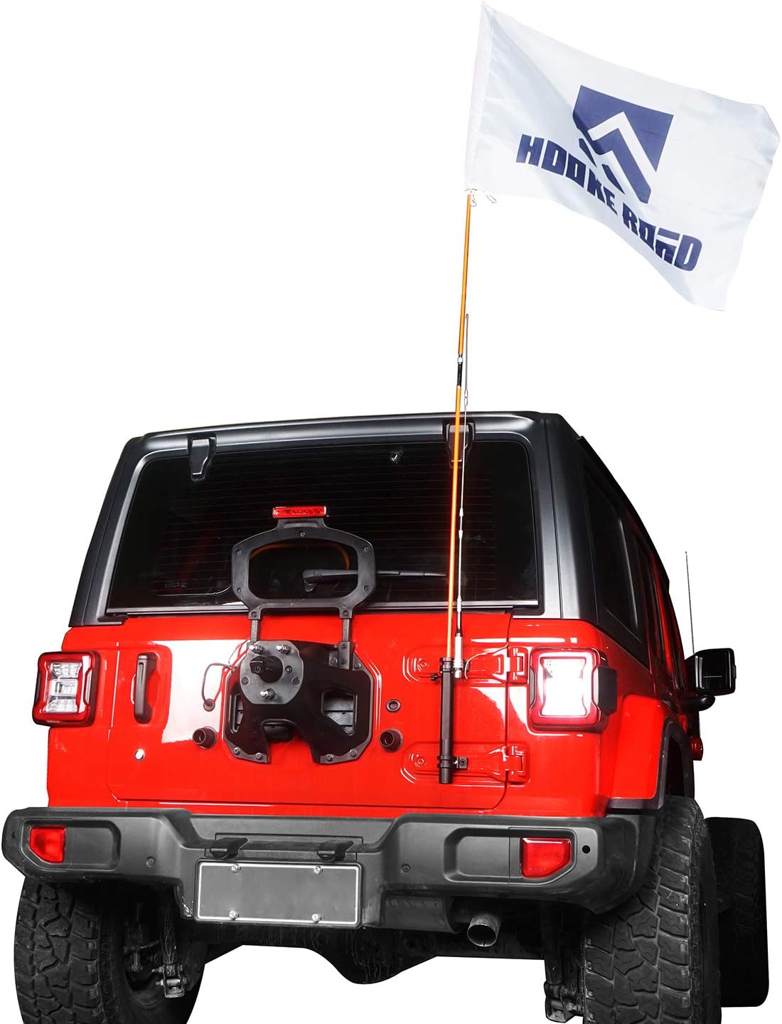 Aizmugure view of a red Jeep Wrangler JL with the U-Box holder and a flag mounted.