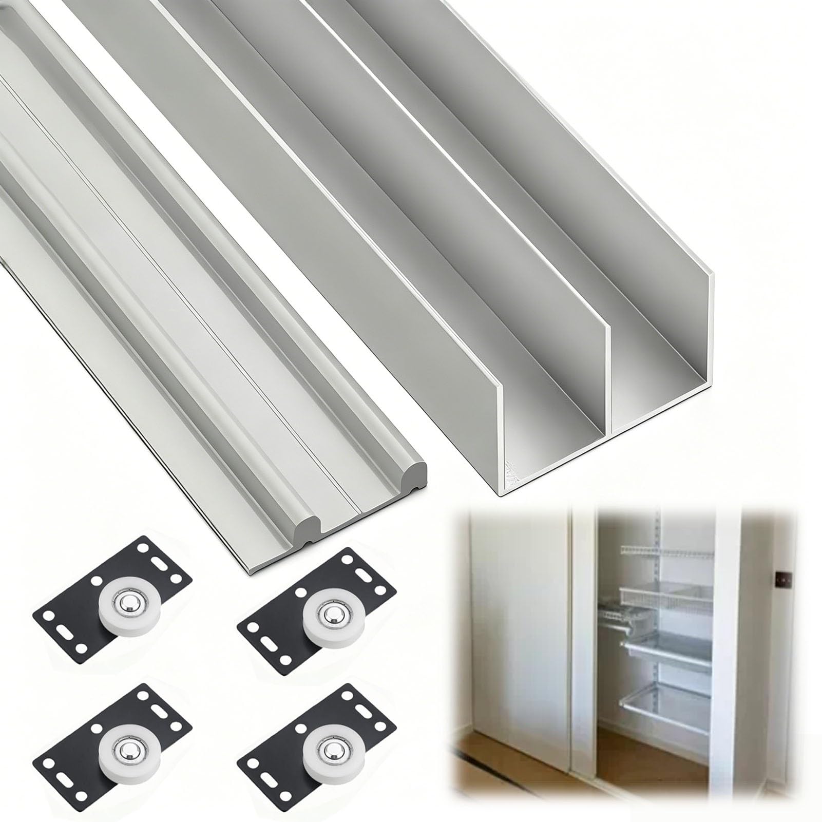 Robustes Doppelschienen-Schiebetür-Set – Schienen-Set aus Aluminiumlegierung for 15–18 mm dicke Kleiderschrank-, Schrank- und Badezimmertüren(300cm)