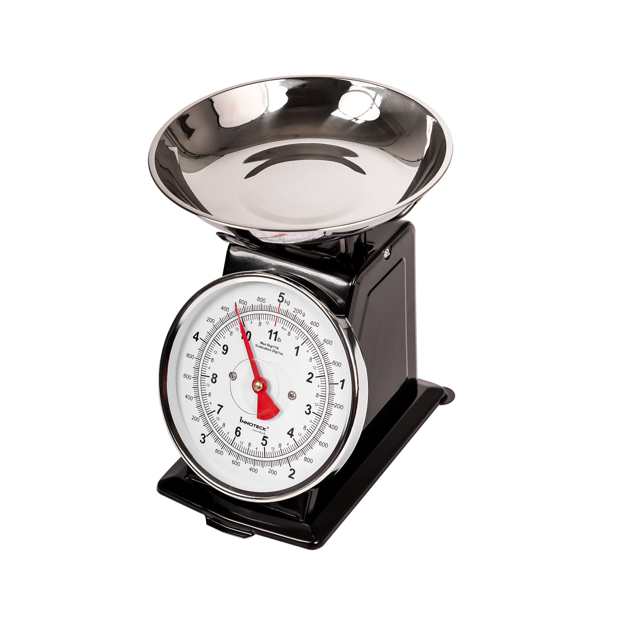 Innoteck Essentials Kitchen Scales - Mechanical Kitchen Scale - Compact, Analogue, Easy to Read, 5 kg Capacity, Large Dial - Dishwasher Safe Detachable Bowl - Ingredients Measurement Scale - Black