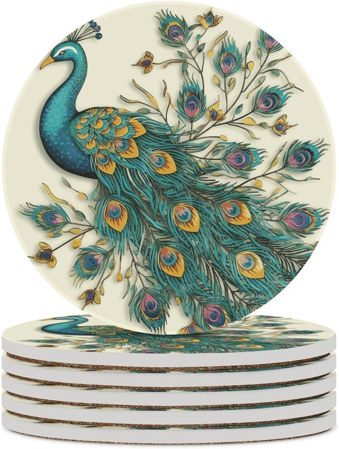 Peacock Pattern Coaster with Cork Base Drink Coasters for Coffee Table Decor Modern Cup Coasters with Non-Slip & Heat-Resistant Cute Ceramic Table Coaster for Home Dining