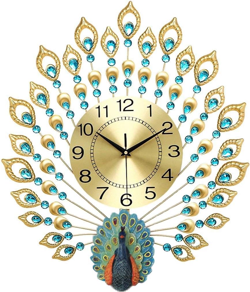 TIANTA- Luxury gold three-dimensional peacock diamond wall clock wrought iron bedroom living room silent European-style home decor ( Color : Gold , Size : 5261cm )