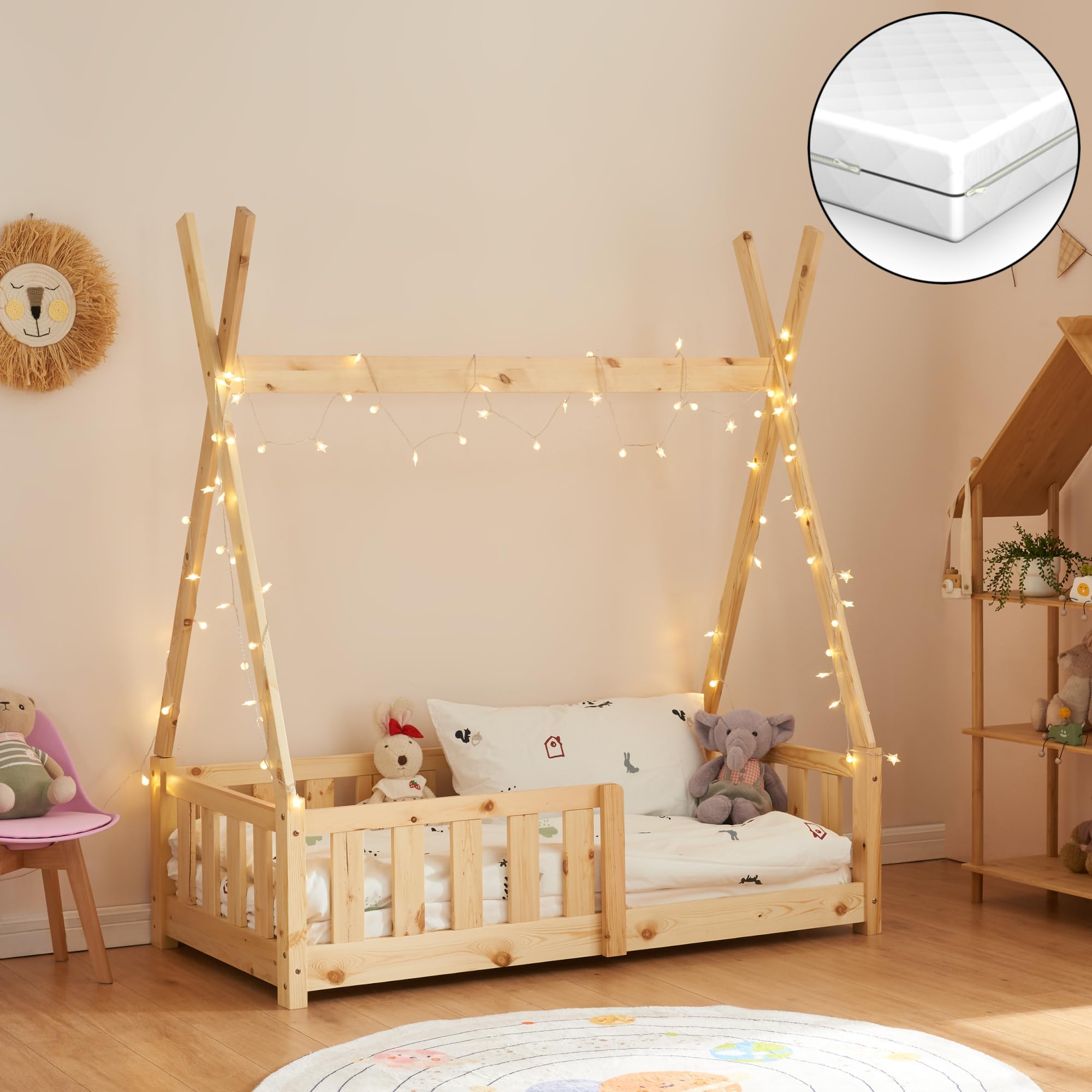 [en.casa] Letto per Cameretta a Forma di Capanna con Sponde Anticaduta e Materasso 70x140 cm Lettino Tipi per Bimbi Design Montessori Legno di Pino - Naturale