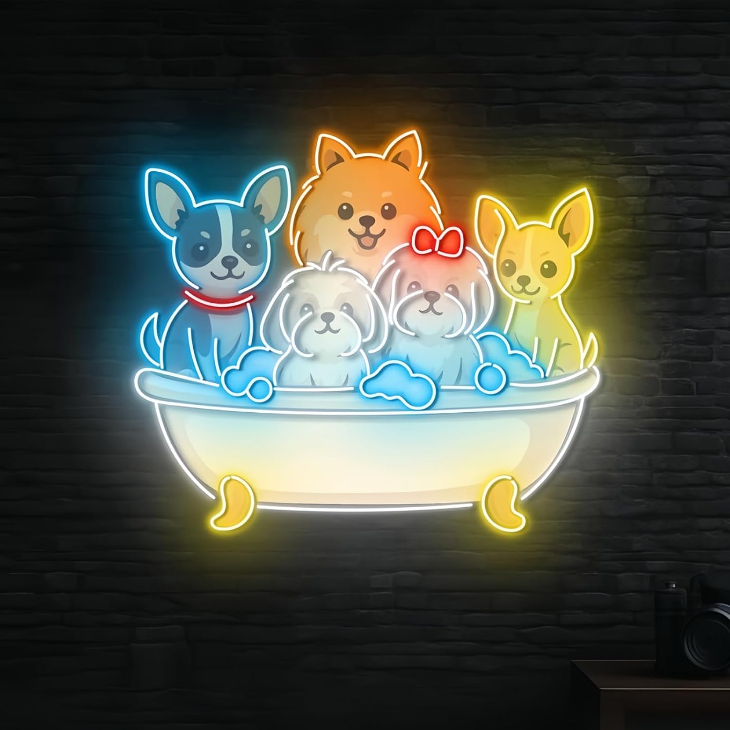 Pet Grooming Salon Neon Sign - Cute Puppies Bath Tub LED Light, USB Dimmable Wall Decor for Dog Groomer Shop Veterinary Clinic Wash Salon Spa Pet Daycare, Cartoon Commercial Opening Gift 19.8x17.3in