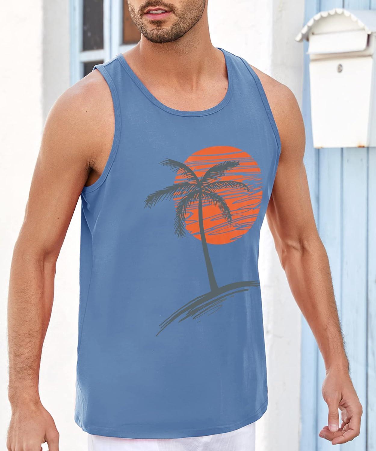 Runcati Mens Workout Tank Tops Gym Sleeveless Shirts Palm Tree Vintage Style T-Shirt - Image 4