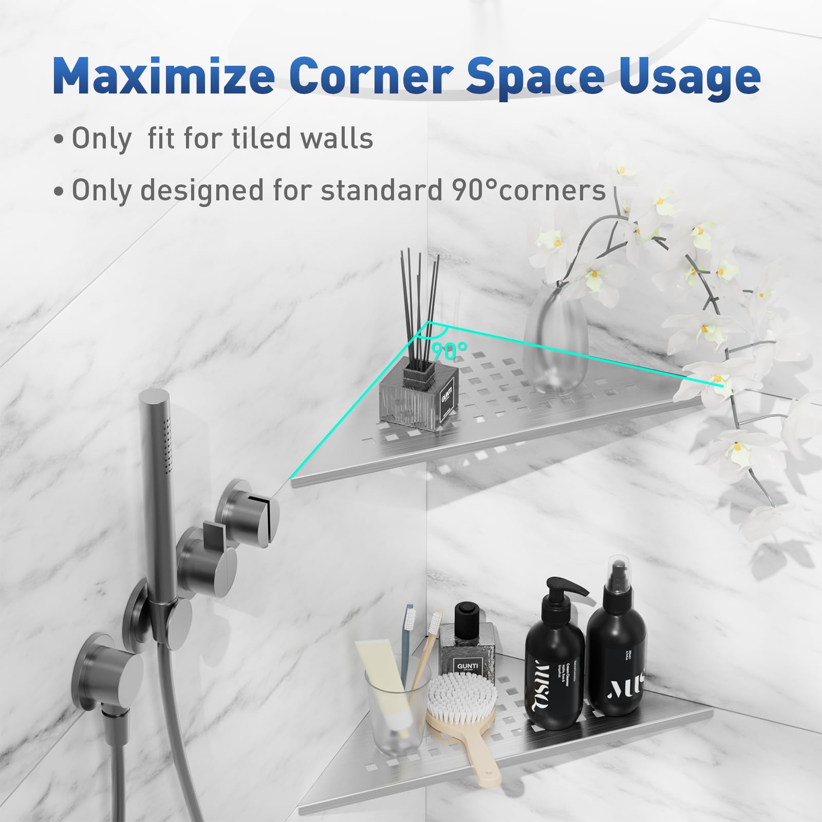 Eck-Duschregal, 25,4 cm, Schlitz-Design, Badezimmer-Regale für geflieste Wand, 304 Edelstahl, versenkte Organizer, Eckregale für Innendusche, 2 Stück, Silber (quadratisch)
