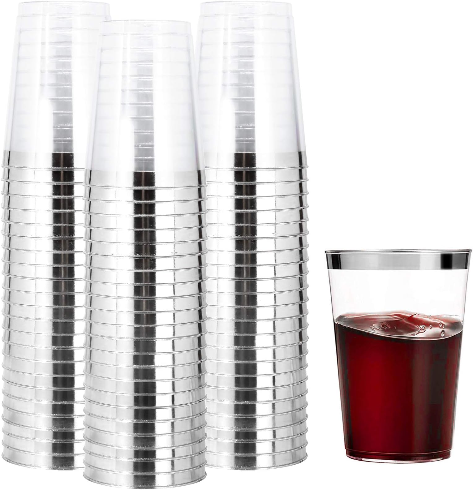 I00000 200pcs Silver Disposable Plastic Cups 10 oz Clear Plastic Cups Old Fashioned Tumblers Silver Rim Cup Disposable Elegant Silver Wine Glasses Cocktail Cup