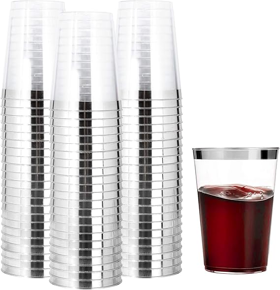 I00000 200pcs Silver Plastic Cups, 10 oz Fancy Clear Plastic Cups Crystal Clear Plastic Tumblers Silver Rim Cups Fancy Hard Wedding Cups Disposable Party Cups Elegant Silver Wine Glasses Cocktail Cups