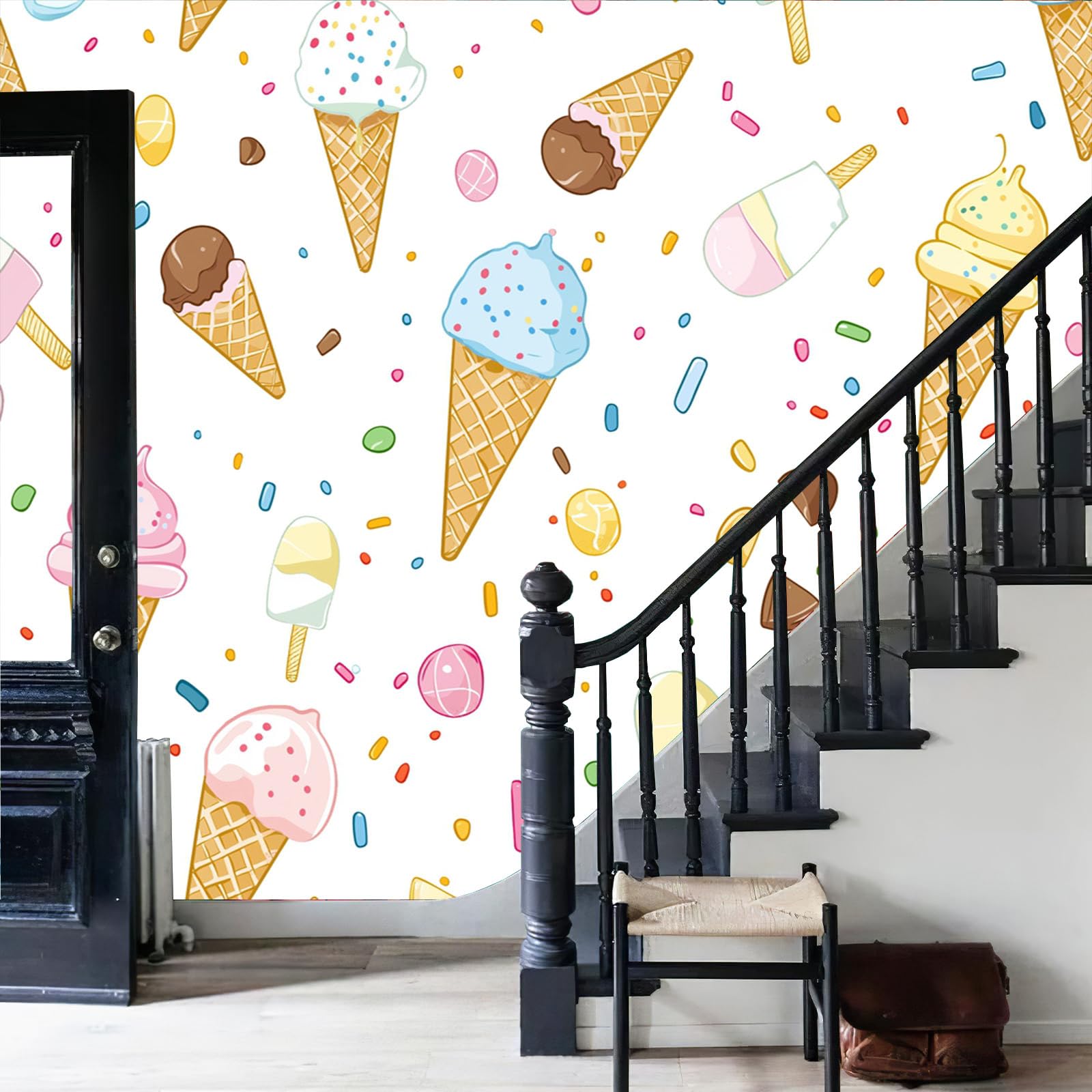 Carta Da Parati Cono Gelato, Stile Cartone Animato Carinomurale, 350×256Cm Ristorante Soggiorno Tv Parete Camera Letto Decorazione Della Parete Murali, Bianco