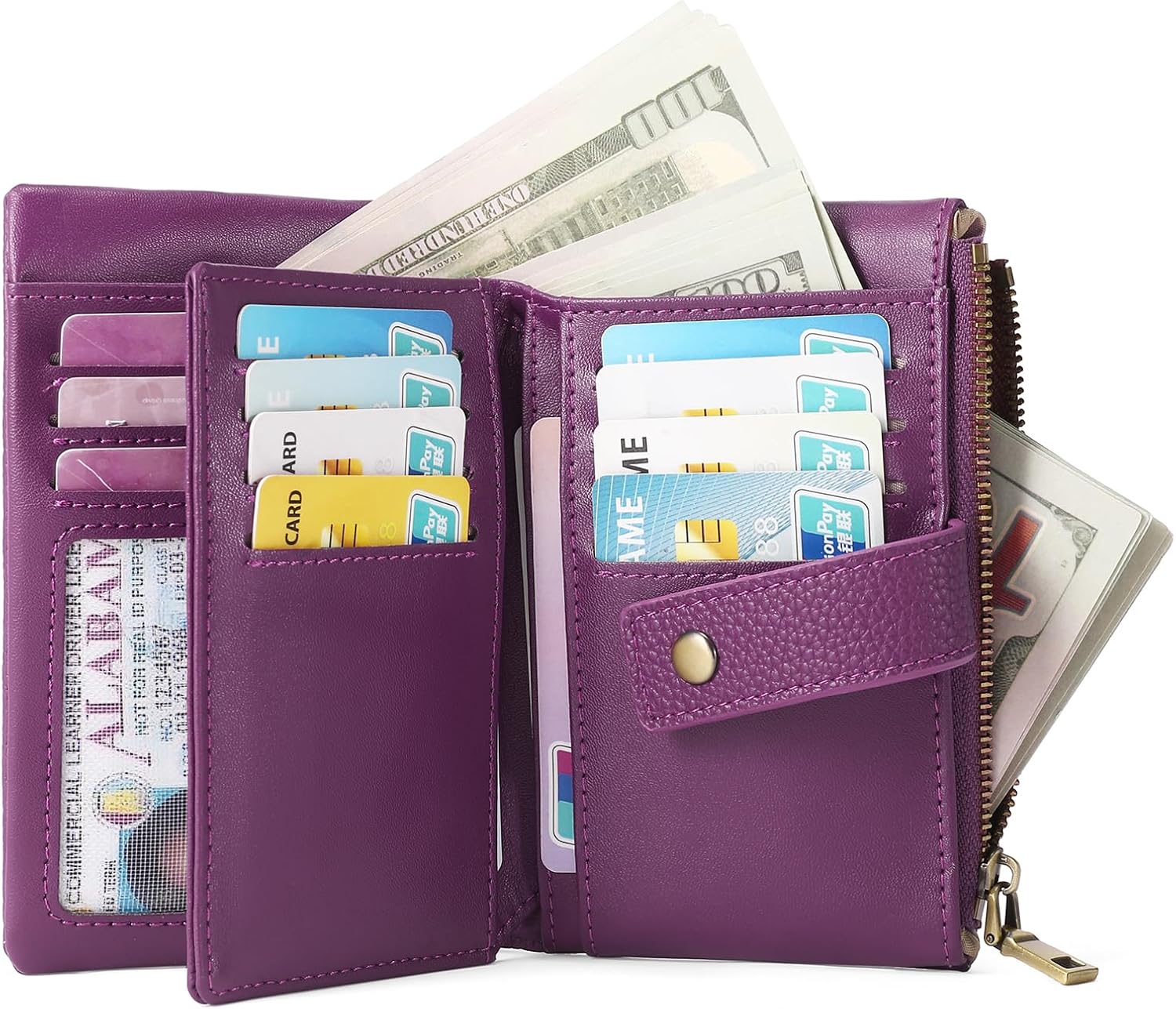 SENDEFN Small Wallet for Women Leather RFID Blocking Wristlet Wallet Credit Card Holder with Double Zipper Coin Purse Ladies Bifold Purse