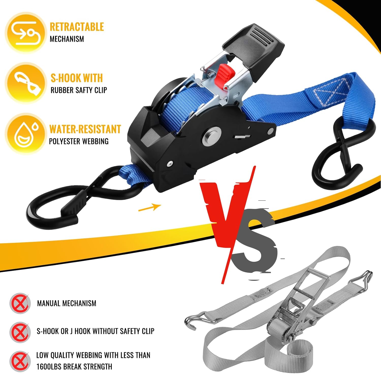 TLGREEN Retractable Ratchet Straps,Blue,4 Pack,1” x 10’1650lb Break Strength Heavy Duty Auto Self Retracting Tie Down Straps for Truck, Cargo, Motorcycle, ATV, UTV,Boat