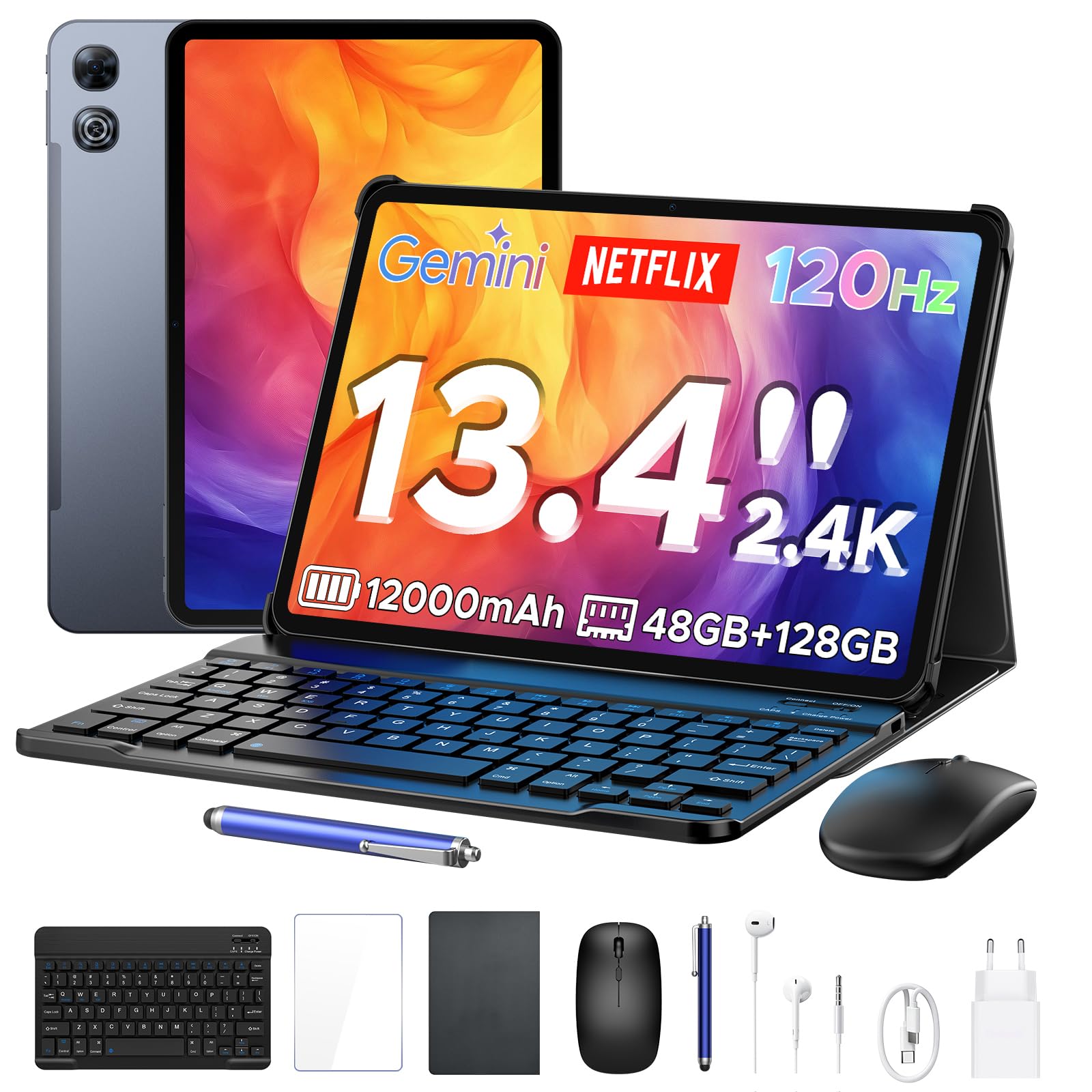 P13 Tablet Android 16, Tablet 13 Pulgadas, Gemini AI, 48GB RAM+128GB ROM/2 TF, 12000mAh/18W, IPS 2.4K, 120Hz, T7280 Octa-Core, 16MP, Face ID, 5G WiFi, GPS, OTG, Tablet con Teclado y Lapiz, Negro — view 11