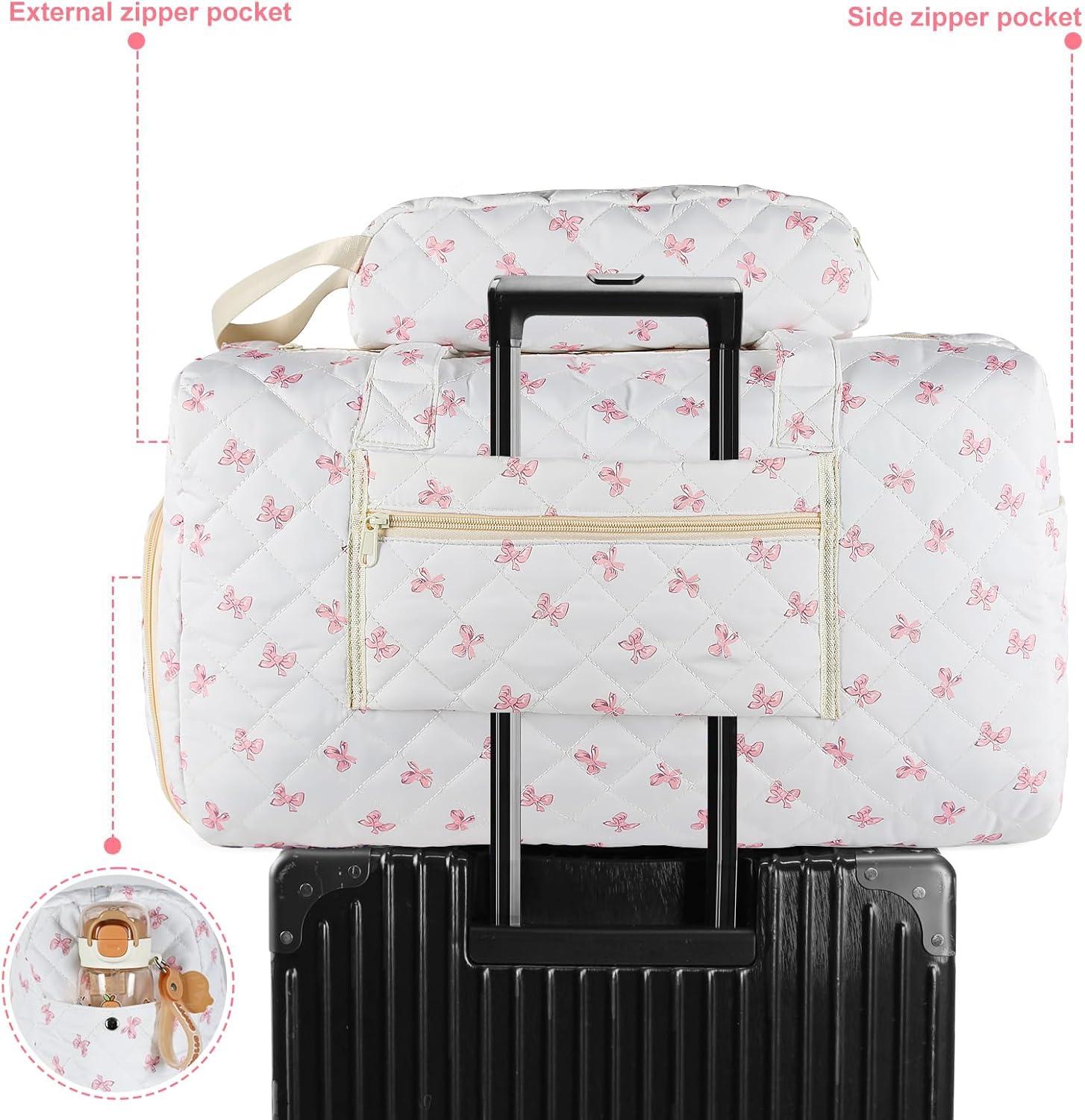 NEW Large Floral Quilted Duffle Bag Coquette Pink Bow Portable Gym Lightweight Weekender Bag for Women with Makeup Pouch with Dry and Wet Separation for Women Travel Hospital - Image 4