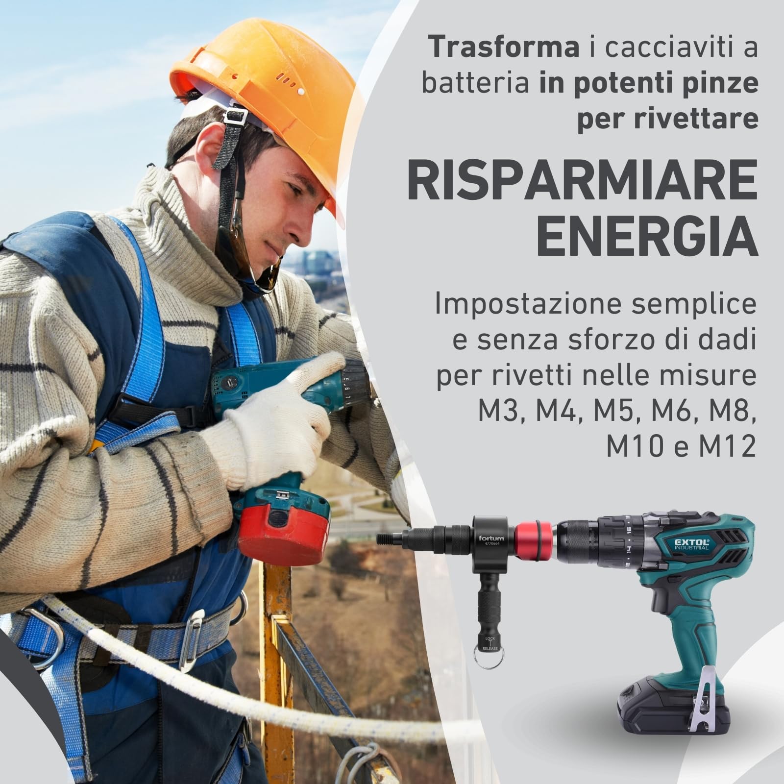 Accessorio per dado rivetto per avvitatrice a batteria e trapano I Rivettatrice per dadi in alluminio, acciaio e acciaio inox I Per rivetti ciechi con inserti M3-M12 I Adattatore