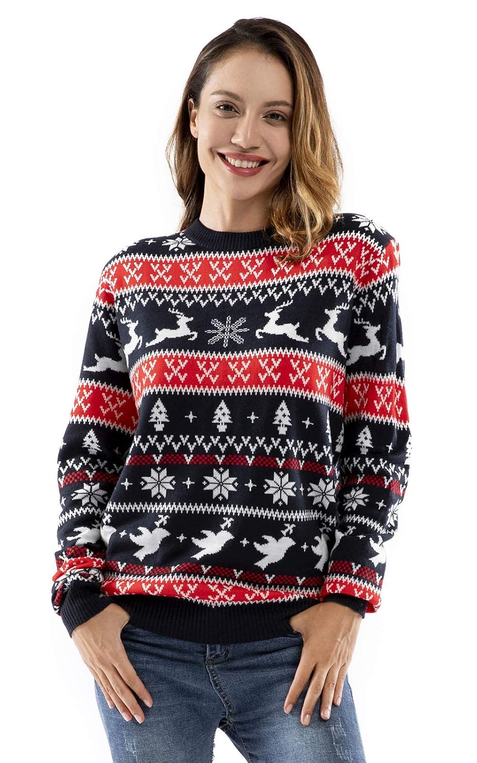 Ugly Christmas Sweater for Men Reindeer Unisex Women Xmas Fairisle Classic Pullover for Party Festive Party