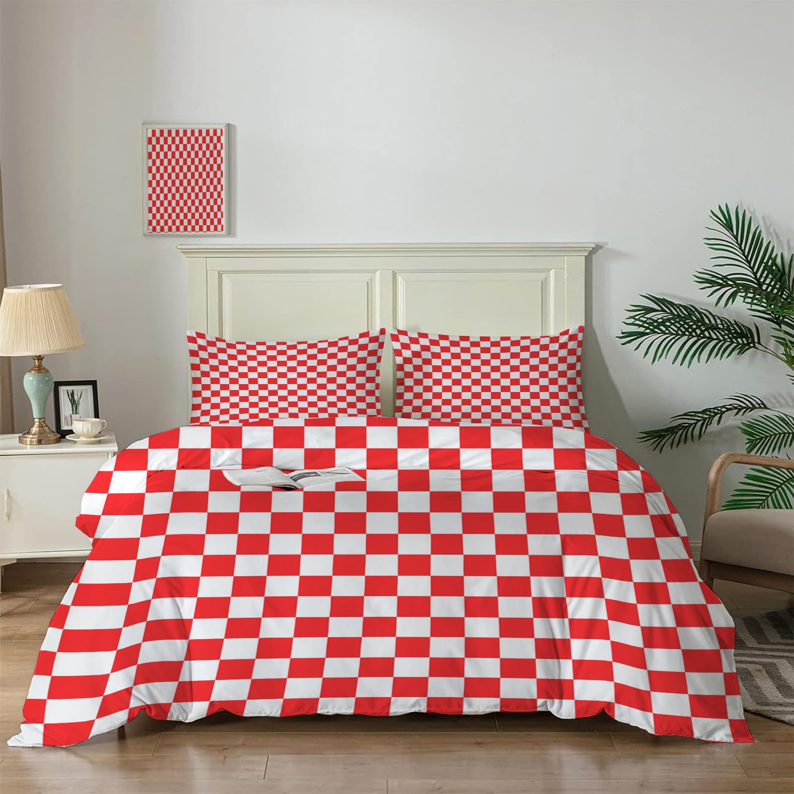 Parure de lit 3 pièces à carreaux rouges en microfibre douce avec 2 taies d'oreiller