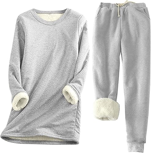 Miniatura 6 de tuduoms Conjunto de 2 piezas para mujer, sudadera de forro polar cálido para invierno, sudadera con forro de sherpa sólido con cuello redondo y