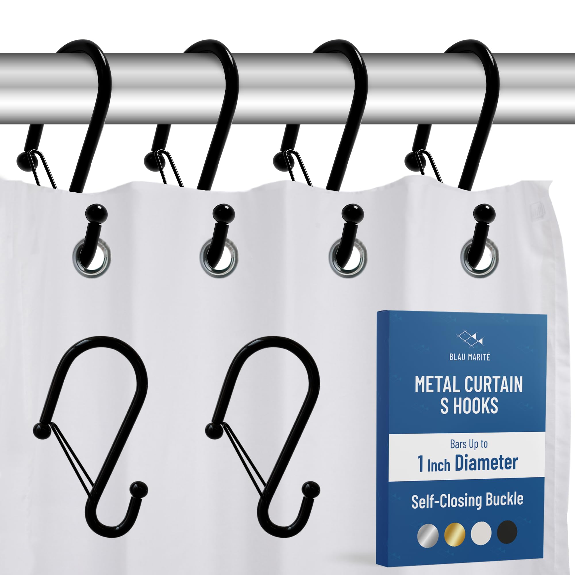 Blau Marité 12 Decorative Metal Shower Curtain Hooks, S-Shaped Hooks with Anti-Fall System