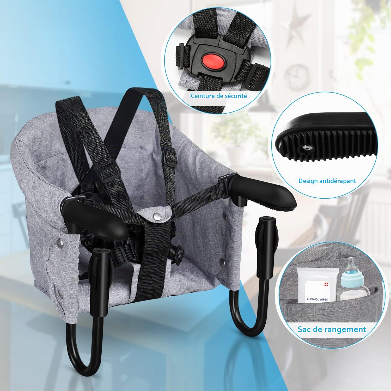 Siège de table pliable, rehausseur de chaise pour bébé, siège de table pour bébé à la maison et en voyage avec sac de transport, supporte jusqu'à 18 kg (gris)