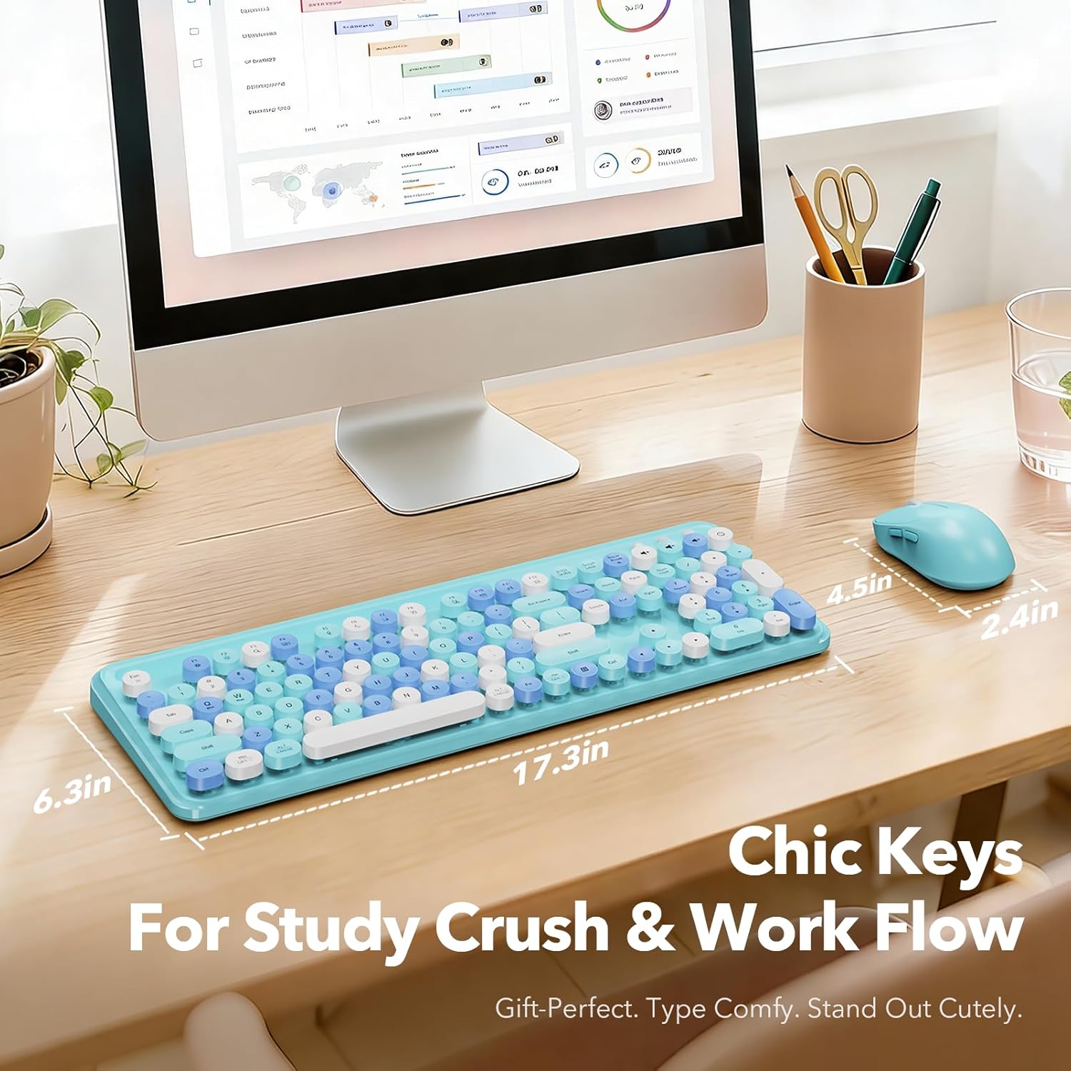 Wireless Keyboard and Mouse Combo, Retro Round Keycaps, Full-Size Cute Typewriter Keyboard with Large Phone/Tablet Holder, Auto-Sleep, 2.4GHz Cordless Connection for Windows/PC/Laptop (Sky Blue)