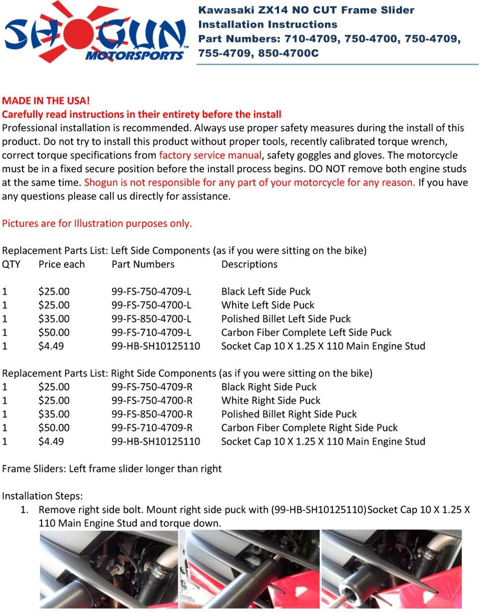 Shogun USA Made Kaw Ninja ZX14 ZX 14 ZX14R 2006 2007 2008 2009 2010 2011 Black No Cut Frame Sliders - 750-4709