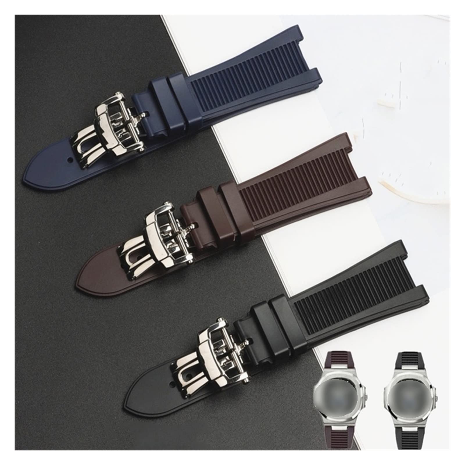 Bracelet de montre en caoutchouc et silicone de 25 mm avec boucle pliante compatible avec le bracelet PHILIPPE de la série Nautilus 5711/5712