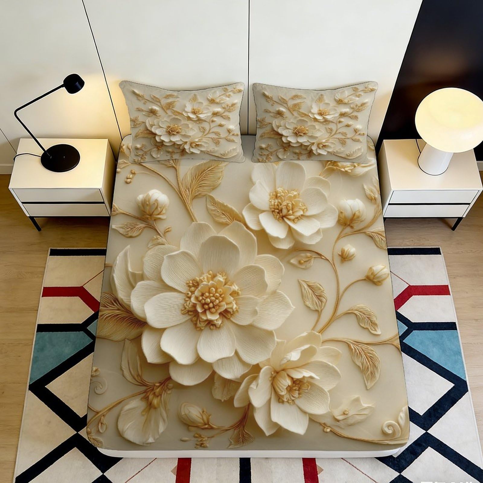 Zfldkwgb Style-5 3D Printed Golden Floral Fitted Sheet Microfiber Bedroom Bed Cover Elegant Blossom Mattress Protector Decor 90X200x25cm