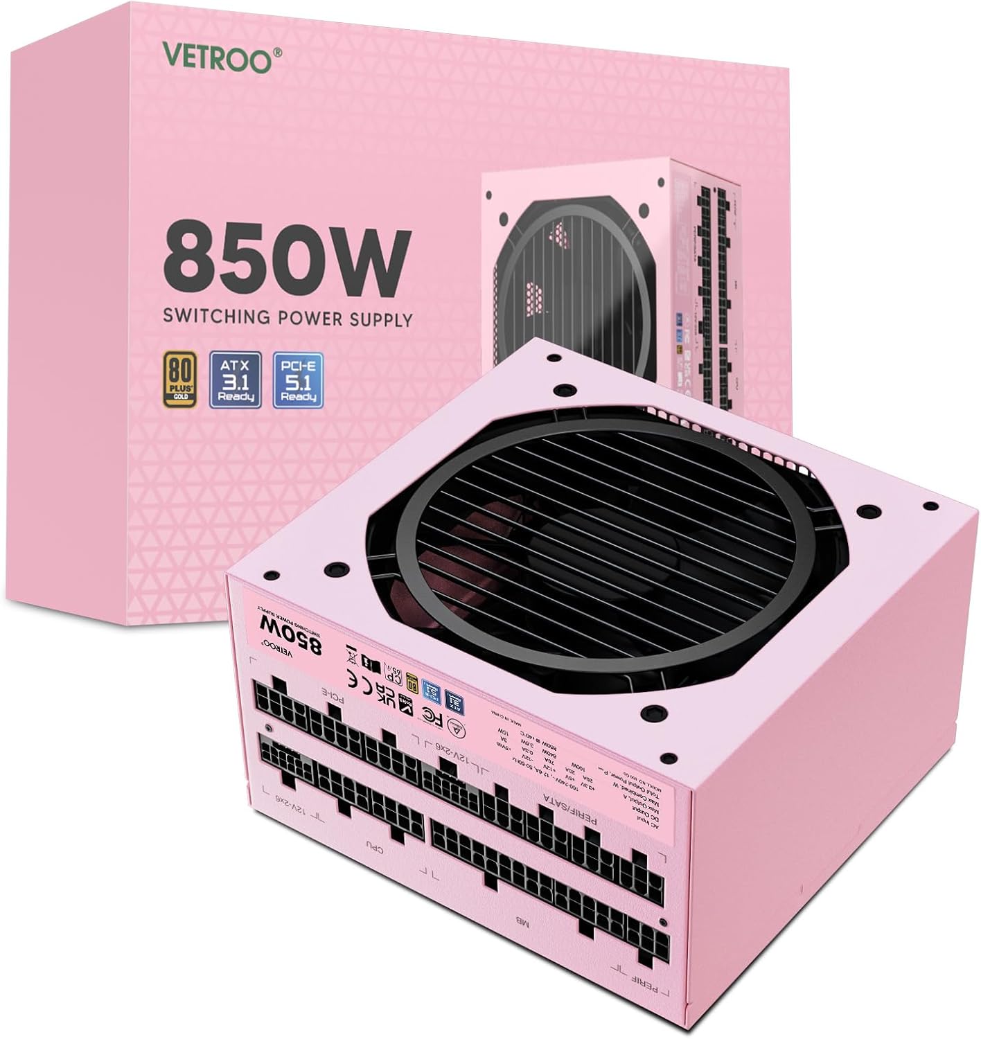 Vetroo 850W Power Supply Dual PCIe 5.1 ATX 3.1 Ready, 80 Plus Gold Full Modular, Quiet Operation with 120mm FDB Fan, 10-Year Warranty -Pink