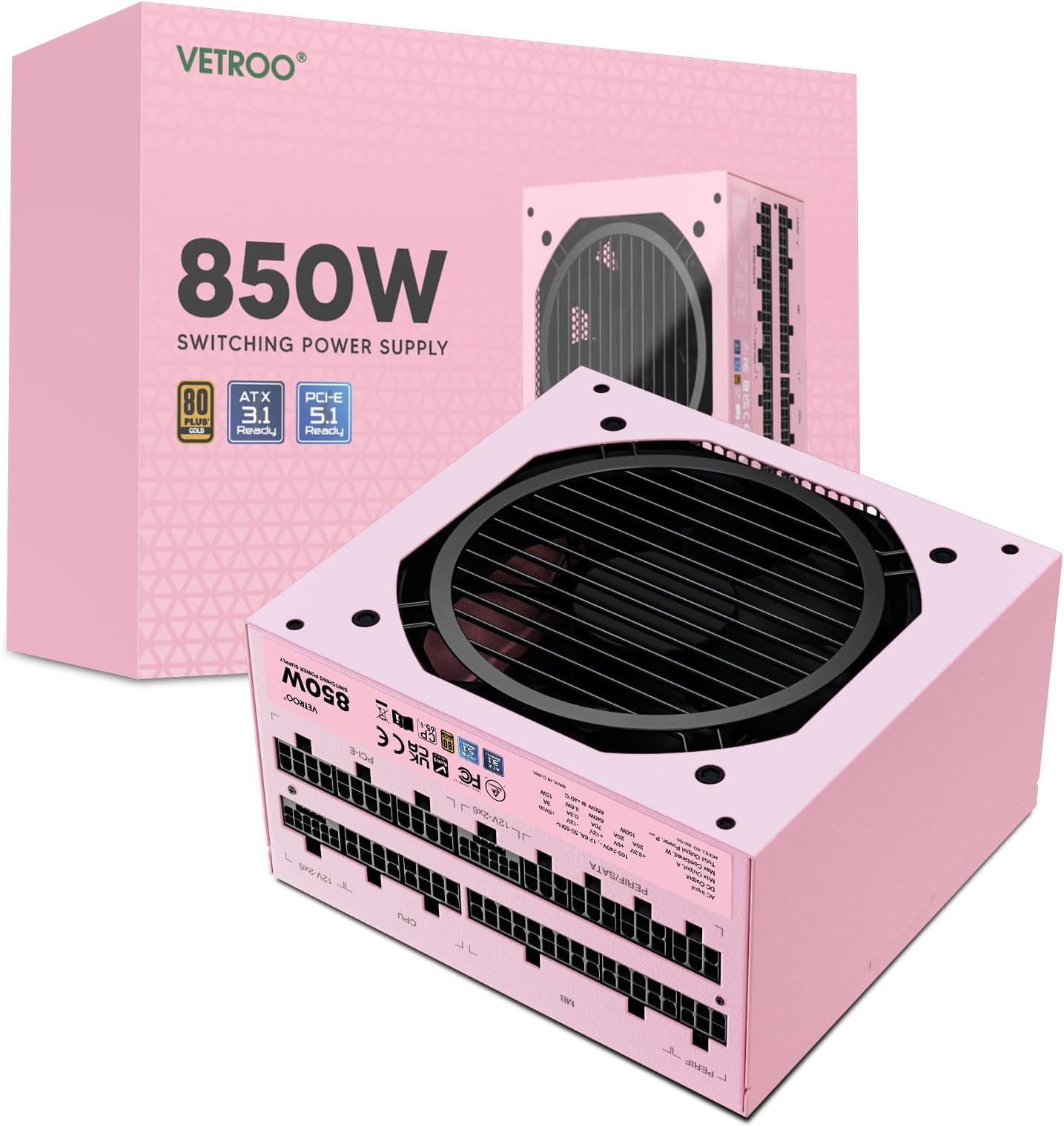 - Vetroo 850W Power Supply Dual PCIe 5.1 ATX 3.1 Ready, 80 Plus Gold Full Modular, Quiet Operation with 120mm FDB Fan, 10-Year Warranty -Pink