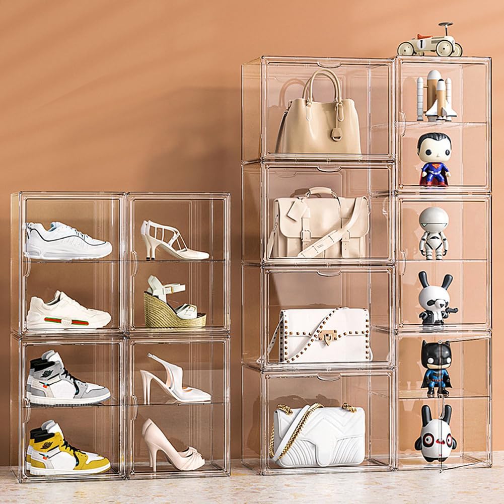 Lot de 4 Boite rangement empilables en acrylique, Boite acrylique pour sac à main, Vitrine acrylique transparente, Vitrine pour Rangement sac à main, livres, jouets, chaussures.