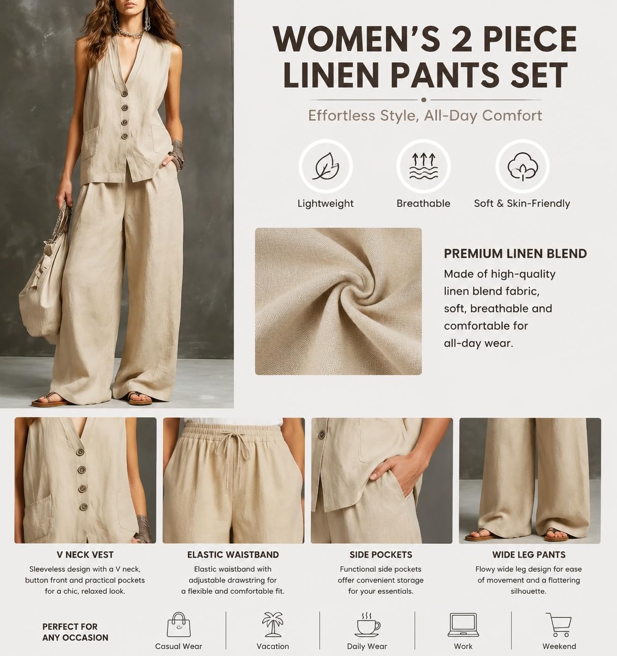 Ensemble Femme Ensemble Deux Pièces Pour Femme En Lin Idéal Pour L'Été : Tailleur Pantalon Gilet Sans Manches À Col V Et Pantalon Large Parfait Pour L'Aéroport Ou Une Tenue Décontractée Au B