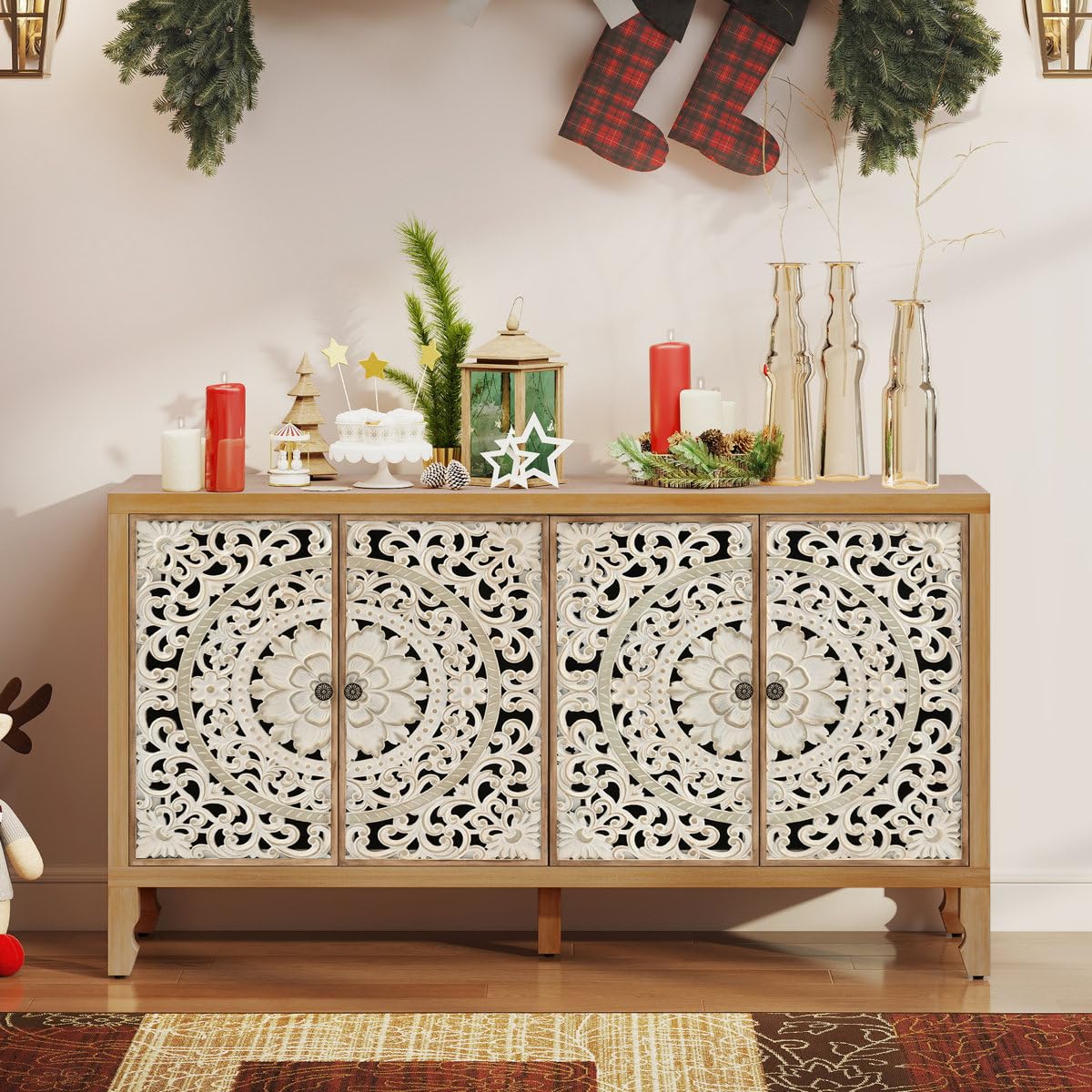 Solid Wood Carved Cabinet Antique Style Storage Sideboard with Detailed Mandala Floral Pattern Doors Modern Rustic Home Decor Furniture for Living Room Hallway and Dining Space-image-28