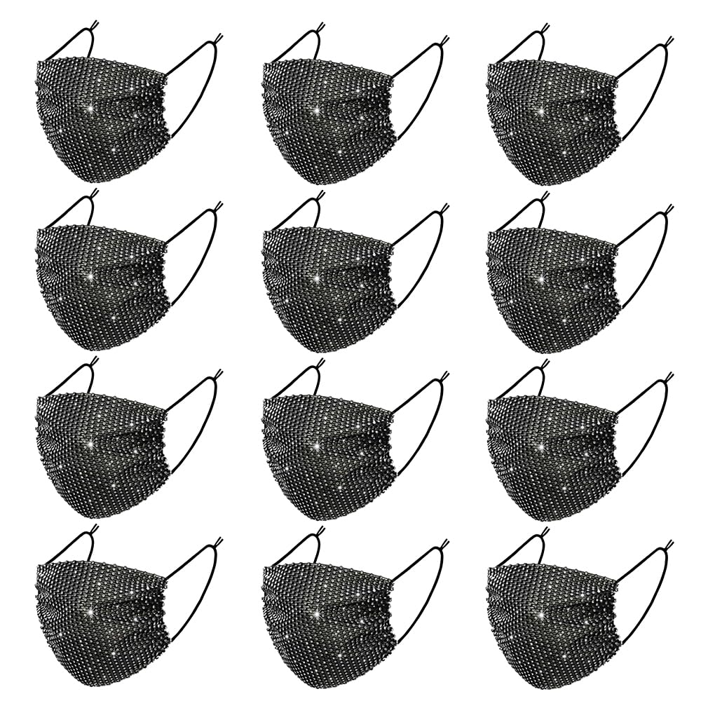 12 Pcs Black Rhinestone Teen Girls Custume Mesh Crystal Face Mask Birthday Party Decorations Bling Halloween Masks Sequin Glitter Christmas Party Decorations Night Women Face Masks Female Face Cover